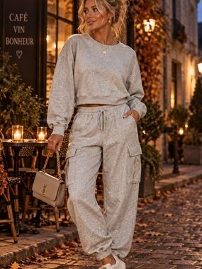 Harmony Balance Oversized Cotton Blend Lounge Set Heather Grey Cargo Jogger Set